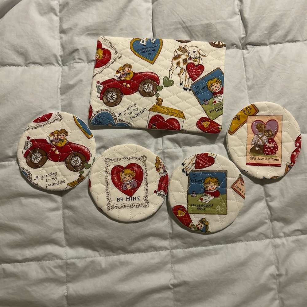 Vintage Valentine Quilted Coasters and Pouch Set